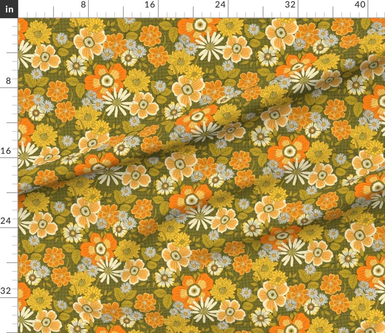 Various Fabrics by the Yard or Fat Quarter 1970S Retro Avocado Green Yellow Hippie Groovy Daisies Flower Power Boho Brown Orange Yellow Custom Printed Fabric by Spoonflower
